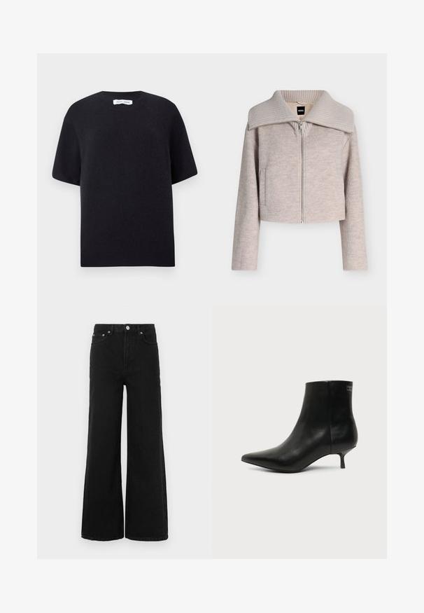 Veste beige clair zippée, manches longues, col large en maille côtelée, poches avant, avec une étiquette noire BOSS à l'intérieur du col.; Pull court en maille noire à manches courtes avec un col rond et un ourlet côtelé. Texture lisse avec une coupe décontractée. Design minimaliste.; Jean noir à jambes larges en denim ; doté d'une taille haute, de poches avant et d'une fermeture par bouton. Aucun motif ni ornement visible.; Bottine en cuir noir avec bout pointu et petit talon kitten sur fond clair, vue côté extérieur.