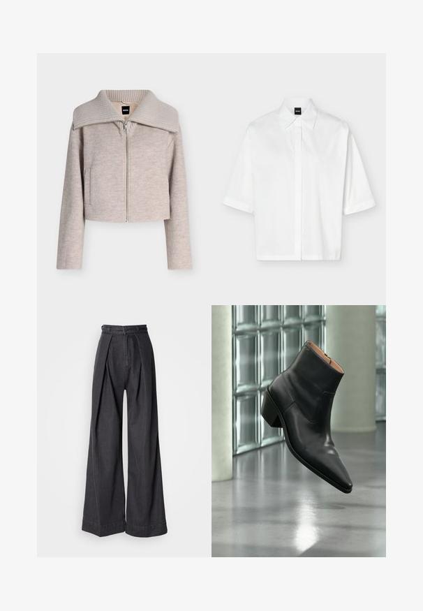 Hellbeige Zip-up-Jacke mit langen Ärmeln und breitem, geripptem Strickkragen, Fronttaschen und einem schwarzen BOSS-Etikett innen am Kragen.; Weißes kurzärmeliges Hemd mit Kragen, verdeckter Knopfleiste und einem schwarzen "BOSS" Markenlabel im Nackenbereich.; Schwarze Jeans mit weitem Bein und hoher Taille, ausgestattet mit vorderen Falten und einem klassischen Reißverschluss. Knackige, glatte Textur mit sauberen Abschlüssen.; Schwarzer Leder-Stiefelette mit spitzer Schuhspitze und Blockabsatz, der über einem reflektierenden grauen Boden nahe einer Glassteinwand schwebt.