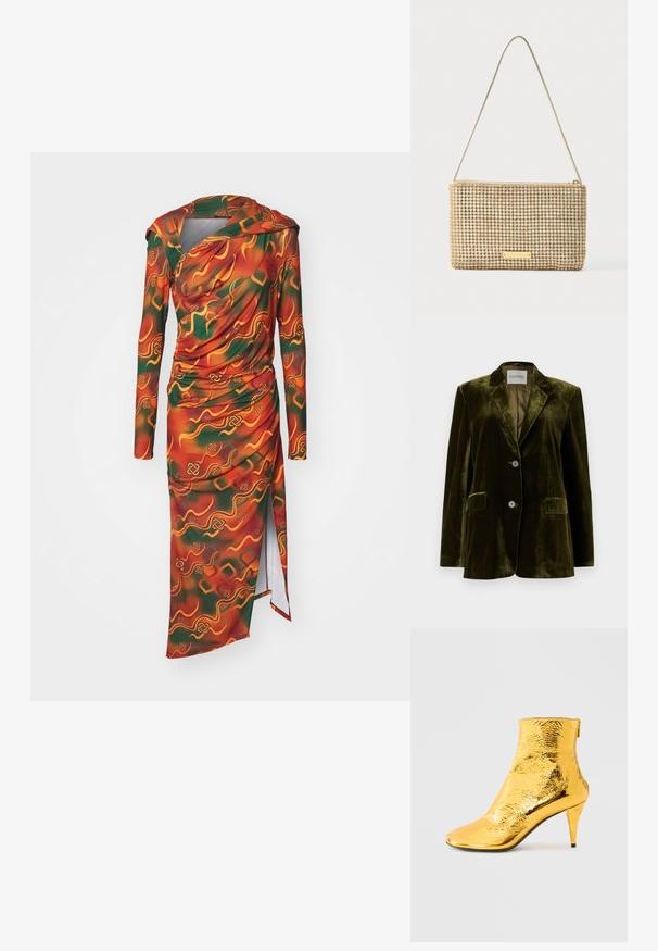 CLOSED LOLA - Blazer - marsh green; Langærmet kjole i et vibrerende orange, grønt og gult abstrakt mønster. Stoffet er glat med draperede detaljer og en sideslids.; Gylden ankelstøvle med en skinnende, krøllet tekstur, spids snude og en slank hæl. Design i ankelhøjde med lynlås bagpå.; Guldfarvet clutchtaske med rektangulært design, dækket af skinnende, sølvfarvede rhinsten. Har en tynd metallisk skulderrem og lynlåslukning.