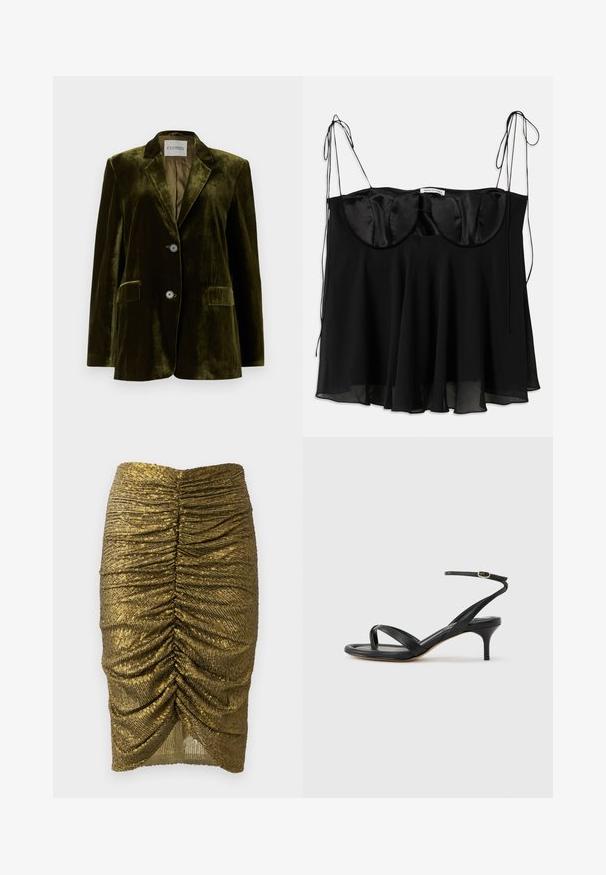 CLOSED LOLA - Blazer - marsh green; Sort top lavet af satin og gennemsigtigt stof, med en struktureret buste med afrundede kanter, justerbare bånd og en flagrende bund.; Gul pailletteret blyantskirt med rynket detaljer foran og bagpå, med en tekstureret overflade og en kant der bliver smallere mod bunden.; Sort damesandal i læder med tynde remme, en tå-loop, ankelspænde og en mellemhøj stiletthæl på en neutral baggrund.