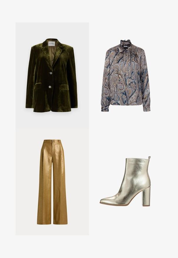 CLOSED LOLA - Blazer - marsh green; Blouse met lange mouwen, een gerimpelde kraag en een strik, met een gedetailleerd paisley-patroon in blauw-, bruin- en beigetinten.; Hoog getailleerde broek met wijde pijpen in metallic goud stof met knoop- en ritssluiting en riemlussen in de tailleband.; Metalen gouden enkellaars met een spitse neus, gladde textuur en een stevige hoge hak. Voorzien van een trekhaak aan de achterkant voor gemakkelijke aan- en uittrekken.