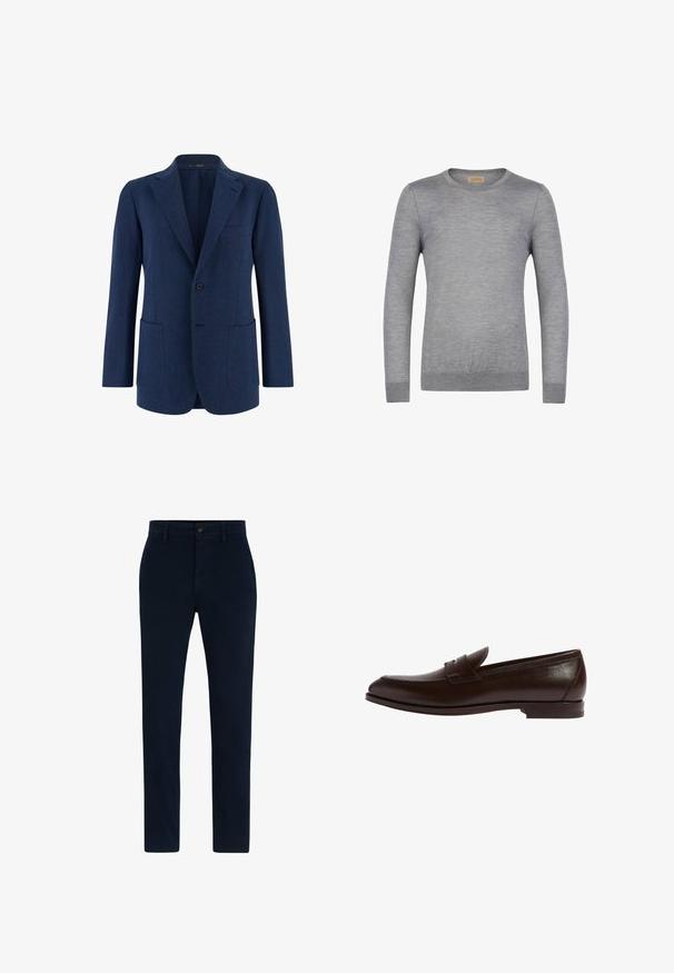 Mørkeblå herreblazer med enkeltknap, hakrevers, tre ydre lommer og lange ærmer.; Grå langærmet sweater lavet af blødt stof, med rund halsudskæring og ribstrikkede ærmekanter. Enkel design uden mønstre eller detaljer.; Marineblå chinos lavet af et blødt, holdbart stof. Har knappelukning, bæltestropper og en lige ben-design. Ingen synlige mønstre.; Brun læder loafer med rund tå, syningsdetaljer og en diskret båndaccent. Slank profil med en flad gummisål.