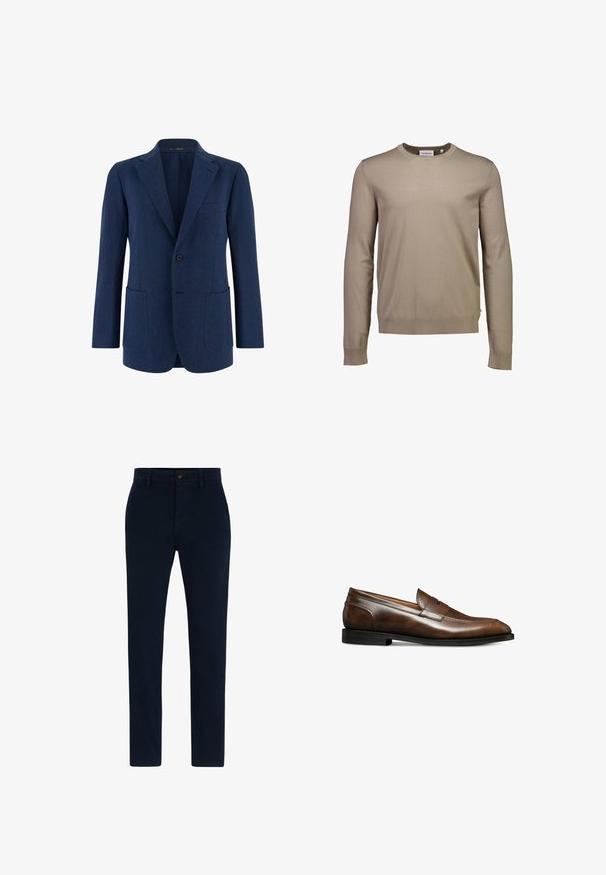 Marineblauw herenblazer met één knoop, revers met inkeping, drie buitenzakken en lange mouwen.; Beige trui met lange mouwen en ronde hals, met geribde boorden en zoom, afgebeeld op een effen witte achtergrond.; Marineblauwe chino's gemaakt van een zachte, duurzame stof. Voorzien van een knoopsluiting, riemlussen en een recht gesneden ontwerp. Geen zichtbare patronen.; Bruine leren instapschoen met een gladde afwerking, ronde neus, subtiele stikselaccenten en een lage zwarte blokhak.