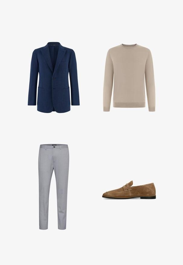 Blazer pour homme bleu marine à un bouton avec revers crantés, trois poches extérieures et manches longues.; Pull beige à manches longues en tissu doux et fin tricoté. Il présente un col rond et des poignets et ourlet côtelés pour une coupe ajustée.; Pantalon à motifs gris en tissu au toucher lisse. Comprend une fermeture à bouton et une coupe fuselée.; Mocassins en daim couleur brun clair, avec un bout arrondi, une lanière décorative sur le cou-de-pied et une semelle en caoutchouc noire. Texture lisse.