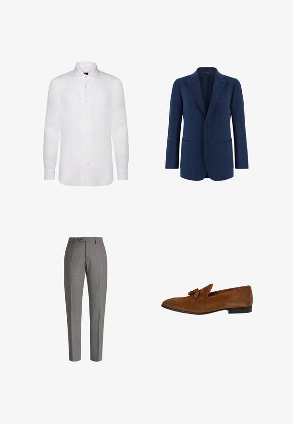 Blazer azul marino para hombre con un solo botón, solapas con muesca, tres bolsillos exteriores y mangas largas.; Camisa blanca de manga larga abotonada, hecha de una tela ligera, con un cuello clásico, una textura sutil y seis botones al frente.; Pantalones grises entallados con un acabado texturizado, corte slim, pliegue frontal y cierre de botón único en la cintura.; Mocasín de ante marrón para hombre con borlas, tacón bajo negro, punta redondeada y detalles de costura en la parte superior.