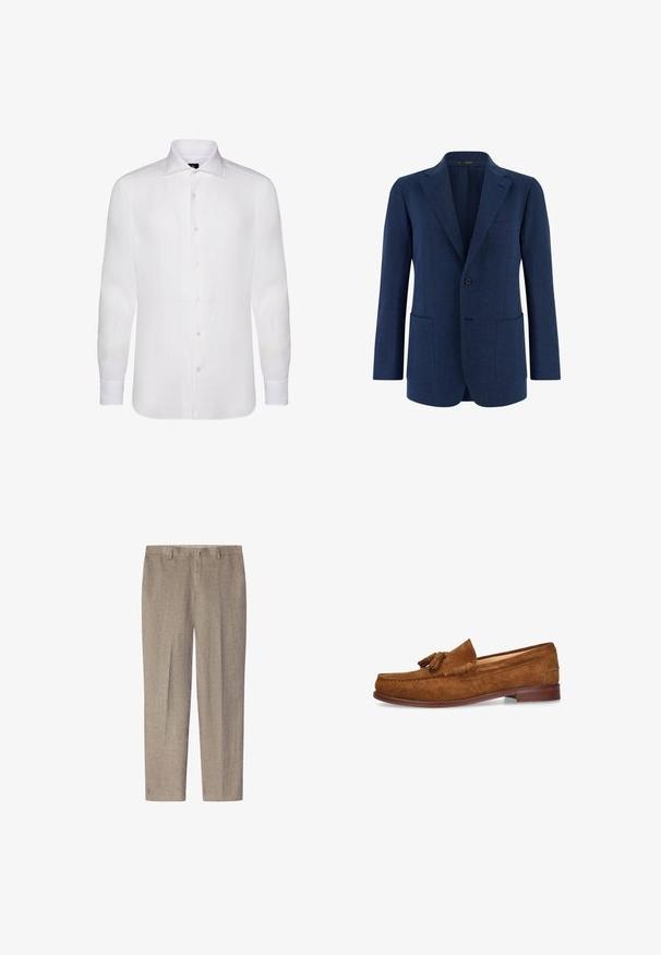 Marineblauer Herrenblazer mit einreihiger Knopfleiste, notched Revers, drei Außentaschen und langen Ärmeln.; Weißes langärmliges Button-Down-Shirt aus leichtem Stoff, das einen klassischen Kragen, eine subtile Textur und sechs Knöpfe auf der Vorderseite aufweist.; Hellbraune Leinenhose mit geradem Bein, flachem Vorderteil, Gürtelschlaufen und ohne sichtbare Muster oder Akzente.; Brauner Mokassin für Herren aus Wildleder mit Quasten, genähter Mokassinnase und niedrigem Holzabsatz, seitlich auf weißem Hintergrund abgebildet.