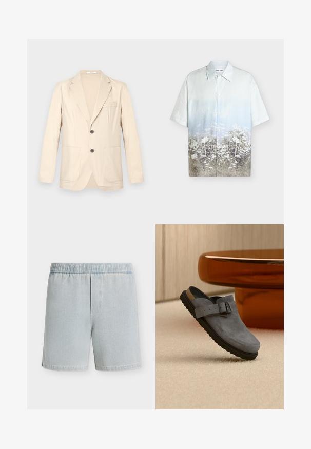 Blazer beige à simple boutonnage avec revers crantés, deux poches avant, une poche poitrine et deux boutons foncés, présenté sur un fond uni.; Chemise à manches courtes boutonnée avec un dégradé bleu ciel vers un motif floral et de champ d’herbes en bas.; Short en denim bleu clair avec taille élastique et texture subtile, présenté à plat sur un fond blanc uni.; Sabot en daim gris à enfiler avec semelle noire et bride réglable à boucle, reposant sur un tapis beige près d'un pied de table arrondi marron.