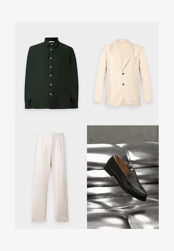 Beige enkeltknappet blazer med notch revers, to forlommer, brystlomme og to mørke knapper, vist på en ensfarvet baggrund.; Mørkegrøn langærmet skjorte lavet af struktureret stof, med en knaplukning fortil og en klassisk krave. Ensfarvet design uden mønstre.; Lys beige vidde bukser lavet af tekstureret stof, med en elastisk talje og to frontfolder for ekstra detaljer.; Sort lædersko med krokodillemønster, svævende over en skinnende sølvfarvet sofa med knapper, der fremhæver skoens detaljer og tekstur i nærbillede.