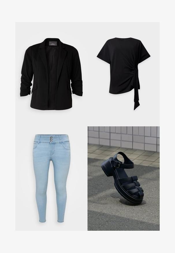 Blazer negro con un diseño ajustado, solapas de pico y mangas arremangadas. Confeccionado en una tela suave con bolsillos laterales.; Top negro de manga corta con cuello redondo y detalle de nudo lateral que crea un tejido fruncido y una cinta colgante sobre un fondo claro.; Jeans ajustados de color azul claro hechos de denim. Cuentan con un cierre de tres botones, dos bolsillos frontales y una textura suave.; Sandalia de cuero negro con punta cerrada, correa en el tobillo, hebilla de metal, suela gruesa, descansando sobre pavimento gris cerca de una pared con azulejos.