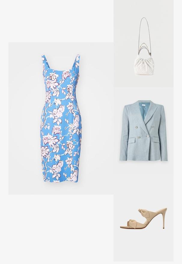 Lyseblå dobbeltradet blazer med sølvknapper, hakkede revers, klaplommer og glat inderfor.; Blå blomsterkjole med en tætsiddende silhuet, firkantet udskæring og skulderstropper. Har pink og hvide blomster mønstre og en glat tekstur.; Beige åben tå højhælet mule-sandal med to snoede knudestrimler og en slank stilet-hæl på hvid baggrund.; Hvid quiltet håndtaske med en samlet top, der har blandede kædestropper i sølv og guld. Blød tekstur og kompakt, rund form.