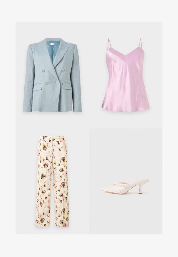 Blazer bleu clair à double boutonnage avec boutons argentés, revers crantés, poches à rabat et doublure intérieure lisse.; Camisole en satin rose clair avec fines bretelles spaghetti réglables et un léger décolleté en V, présenté sur un fond blanc uni.; Pantalons larges à fleurs en crème, avec un mélange de fleurs roses, orange et noires. Tissu lisse avec une coupe décontractée et sans poches extérieures.; Chaussure mule en tissu beige clair avec un design noué à l'avant, bout pointu et talon fin et effilé. Texture lisse dans l'ensemble.
