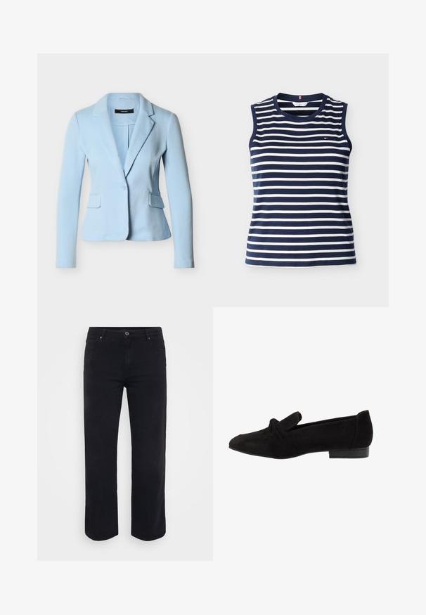 Blazer azul claro para mujer con mangas largas, cierre de un solo botón, solapas con muesca y dos bolsillos delanteros con solapa sobre un fondo blanco.; Top sin mangas con rayas horizontales en azul marino y blanco, cuello redondo y pequeño logo en el área izquierda del pecho.; Jeans de denim negro con un diseño de pierna recta. Las características incluyen un cierre de botón en la cintura, trabillas para cinturón y bolsillos delanteros y traseros. Textura suave.; Zapato plano de ante negro con detalle anudado en la puntera, textura suave, forma puntiaguda y un tacón bajo y rectangular.
