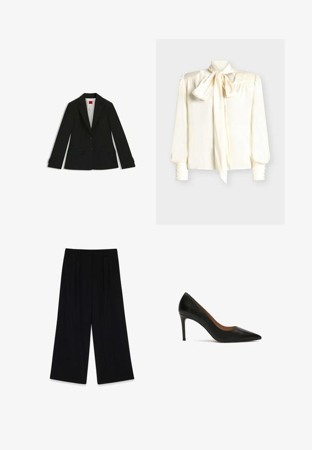 Sort skræddersyet blazer med hakket revers, to forlommer og to knapper. Glat stof med struktureret design og foret inderside.; Flødefarvet bluse med sløjfehals, lange ærmer med knapdetaljer ved manchetterne og en glat, skinnende tekstur.; Sorte vide bukser lavet af glat stof, der har læg foran, en mellemhøj talje og ingen synlige lukninger eller pynt.; Sort læder højhælede pumps med spids tå, slankt design og glat overflade. Hælen er tynd og forlænget.
