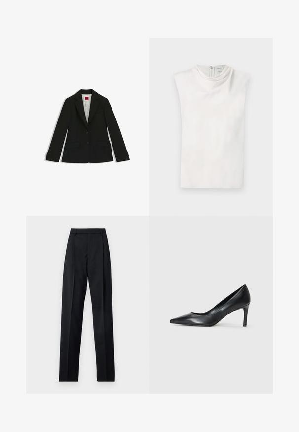 Blazer negro entallado con solapa con muesca, dos bolsillos delanteros y dos botones. Tejido liso con un diseño estructurado y forro interior.; Top blanco sin mangas con cuello alto simulado y cierre de cremallera en la espalda, mostrado plano sobre un fondo blanco.; Pantalones negros de tela suave con cintura alta, piernas amplias, pliegues frontales y lazos de cinturón clásicos. No hay bolsillos laterales visibles.; Zapato de tacón negro de cuero con punta afilada y un tacón delgado, textura suave y sin adornos visibles. Diseño limpio con una estética minimalista.