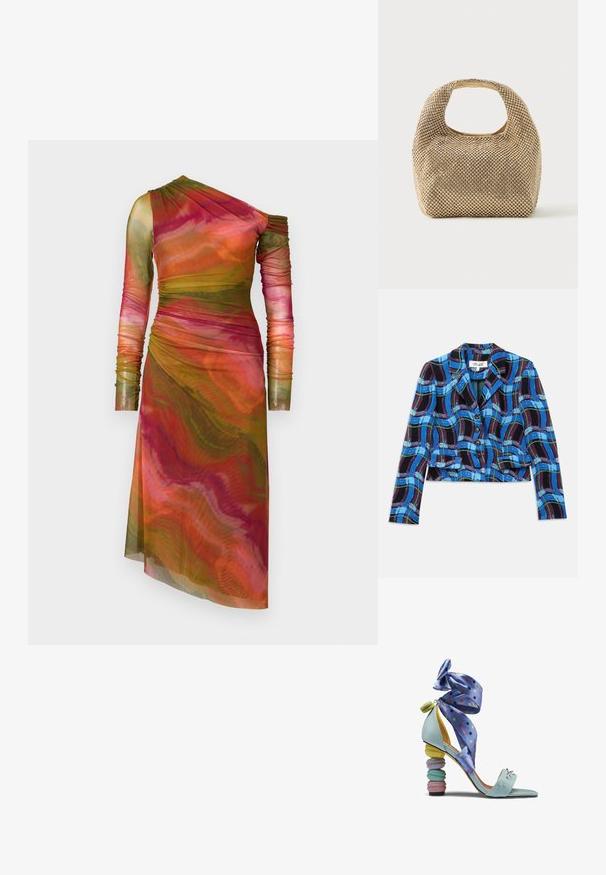 Afskåret blazer i blå, sort og grøn ternet mønster. Har en klapkrave og fem sorte knapper foran.; AMUR DRENA DRESS - Etuikjole - lucid glaze; Lyseblå højhælet sandal med pastel farvet macaron-formet hæl og lilla prikket ankelbånd.; Lille håndtaske i guldtone dækket af skinnende runde nitter med kort håndtag og rektangulært udskåret hul øverst.