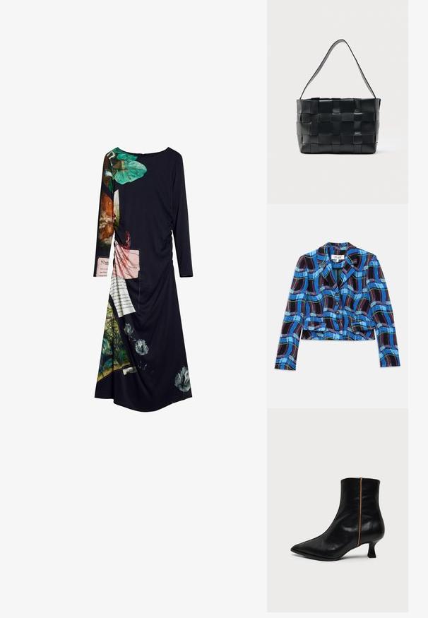 Afskåret blazer i blå, sort og grøn ternet mønster. Har en klapkrave og fem sorte knapper foran.; Langærmet sort kjole med levende blomster- og teksttryk, tekstureret stof og samling på den ene side, hvilket skaber et dynamisk udtryk.; Sort læderankelstøvle med spids tå, lav kitten-hæl og en enkelt tynd brun lodret stribe på siden.; Sort læderhåndtaske med bredt vævet design og enkelt skulderrem, rektangulær form, vist mod en ensartet lys baggrund.