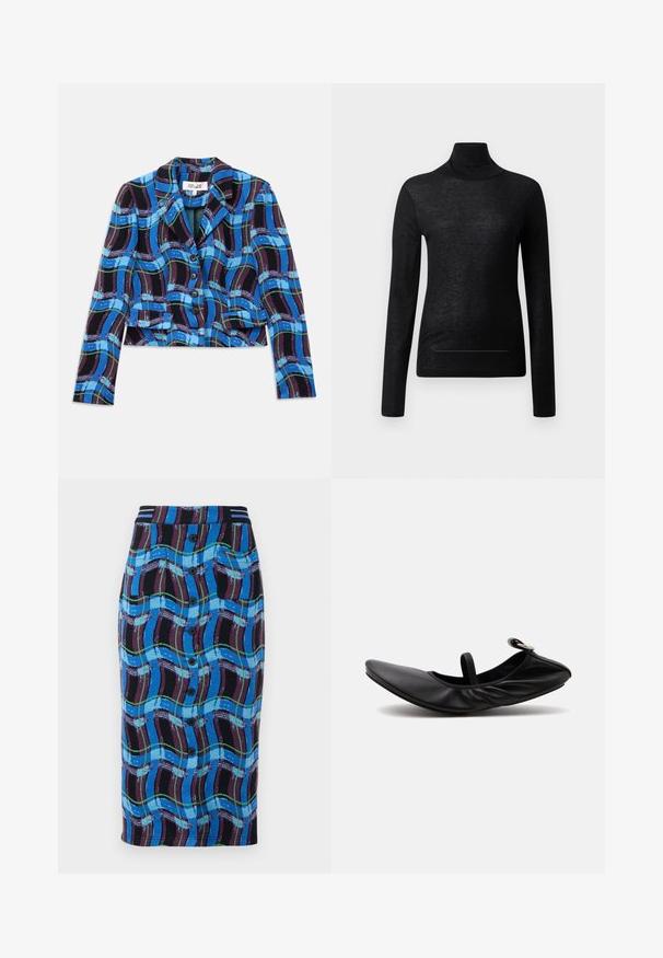 Gekürzter Blazer in blau, schwarz und grün kariertem Muster. Mit Reverskragen und fünf schwarzen Knöpfen auf der Vorderseite.; Schwarzes Langarm-Turtleneck-Oberteil aus leichtem Stoff, mit taillierter Passform und minimalen Nahtdetails, ideal zum Lagenlook.; Knie-lange Bluse in Blau mit einem mehrfarbigen Wellenmuster, ausgestattet mit einem schwarzen Bund, vorderen Knöpfen und zwei seitlichen Taschen.; Schwarzer gefalteter Leder-Ballettflachschuh mit einem einzelnen Riemen und silberner Schnalle auf einfarbig hellem Hintergrund.