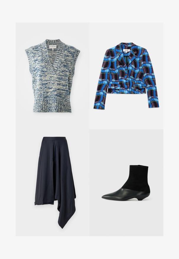 Afskåret blazer i blå, sort og grøn ternet mønster. Har en klapkrave og fem sorte knapper foran.; Ærmeløs strikket top i blå og creme med V-hals, struktureret mønster, ribbet søm og brede skulderåbninger. Mærke: MUNTHE.; Marineblå satin midi-nederdel med asymmetrisk nederkant, med en glat tekstur og subtile draperinger. Tætsiddende talje uden synlige lukninger.; Sort ankelstøvle med en tekstureret ruskindsoverdel og en glat lædertå. Har en spids tå og et unikt lavt kilehælsdesign.