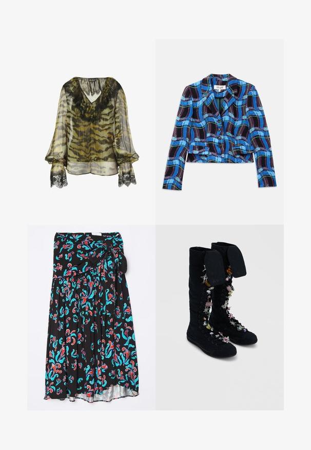 Afskåret blazer i blå, sort og grøn ternet mønster. Har en klapkrave og fem sorte knapper foran.; Chiffon-bluse med camouflage-mønster i olivengrøn og grå, med sort blondekant ved halsåbningen og ærmekanter, løs pasform.; Sort midi-nederdel med et farverigt blomstermotiv i rød og turkis, med en bånd i taljen og plissert design for ekstra tekstur.; Sorte høje sneakers med forlænget ankel-dækning, dekoreret med farverige stjerneformede og ædelstenslignende vedhæng langs snørebåndene.