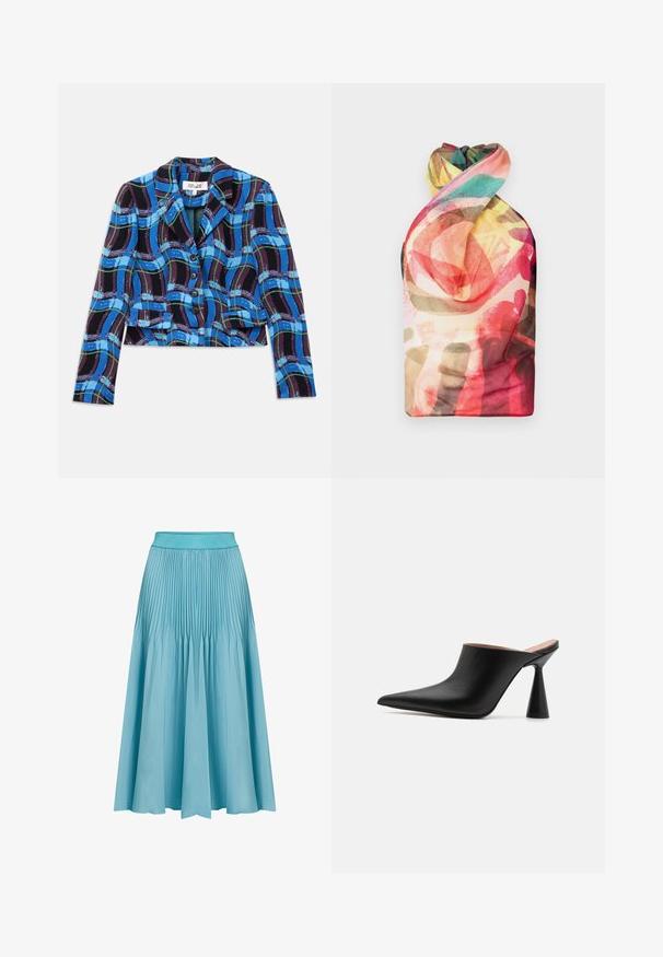 Gekürzter Blazer in blau, schwarz und grün kariertem Muster. Mit Reverskragen und fünf schwarzen Knöpfen auf der Vorderseite.; Paolina Russo WRAPPED HALTER - Top - acid brown; Faltenrock in Hellblau. Verfügt über einen breiten Taillenbund, einen fließenden Schnitt und vertikale Falten, die Textur und Bewegung hinzufügen.; Schwarze Leder-Mules mit spitzem Zehenbereich und einzigartigem kegelförmigem Absatz. Glatte Textur und minimalistisches Design, offener Rücken für einfaches Anziehen.