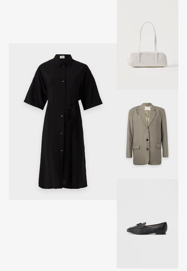 Oversized grå blazer med reverskrave, to frontlommer, tre sorte knapper og satinforing. Minimalistisk design med en struktureret form.; Sort skjortekjole lavet af letvægtsstof, med krave, korte ærmer, knapper foran og et matchende bælte af samme stof.; Sort læderloafer med rundet tå, dekorativ knude og gulddetalje på overdelen samt lav, firkantet hæl. Glat tekstur.; Hvid rektangulær skuldertaske med lange tynde stropper, minimal syning og lynlåslukning på en ensfarvet baggrund.