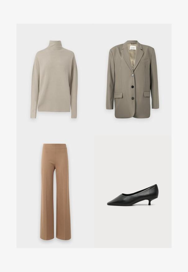 Oversized grå blazer med reverskrave, to frontlommer, tre sorte knapper og satinforing. Minimalistisk design med en struktureret form.; Lys beige turtleneck sweater, lavet af blødt strikmateriale, har en afslappet pasform med lange ærmer og høj krave. Ingen synlige mønstre.; Løse bukser i lys brun, strækbart stof med en glat tekstur og et højt, elastisk taljebånd. Ingen synlige lukninger eller lommer.; Sort lavhælet damesko i læder med spids tå og lille kitten heel på ensfarvet lys baggrund.