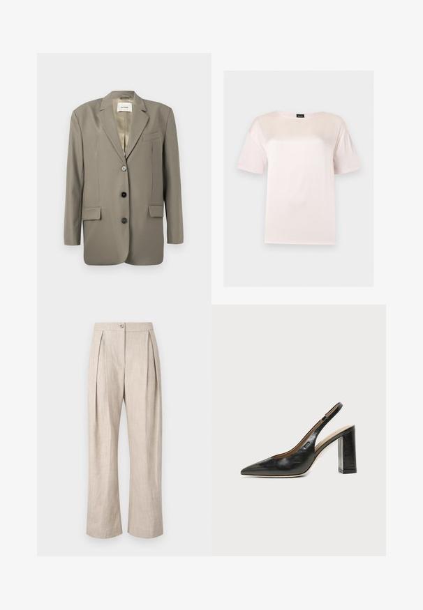 Veľký šedý blazer s výrezom na klopách, dvoma prednými vreckami, tromi čiernymi gombíkmi a saténovou podšívkou. Minimalistický dizajn s pevnou štruktúrou.; Tričko z ružovej svetlej bavlny s krátkym rukávom, okrúhlym výstrihom a čiernou značkovou nášivkou BOSS vo vnútri goliera.; Béžové ľanové nohavice s plisovaním, širokými nohavicami a predným gombíkovým zapínaním. Tkanina má štruktúrovaný vzhľad a je ľahká a priedušná.; Čierna kožená slingback obuv s špicatou špičkou, vysokým hrubým podpätkom a béžovou vnútornou podšívkou na svetlom jednofarebnom pozadí.