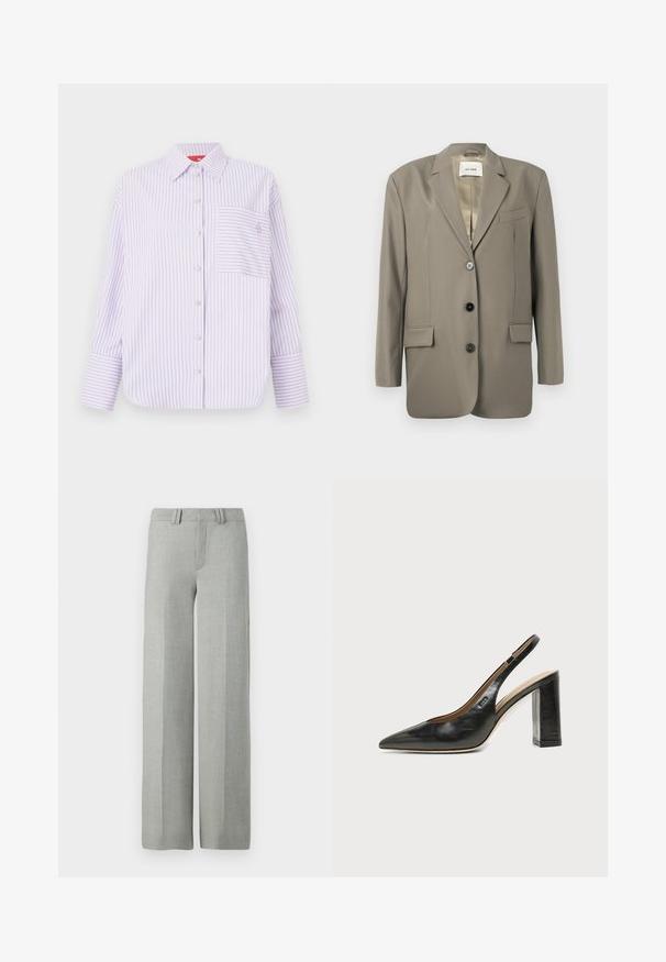 Oversized grå blazer med reverskrave, to frontlommer, tre sorte knapper og satinforing. Minimalistisk design med en struktureret form.; Lys lilla skjorte med knapper og lodrette striber, enkelt brystlomme og krave. Har lange ærmer med brede manchetter og et diskret logo.; Grå bredbensbukser i et letvægtsmateriale, med flad front, bæltehuller og rene, skræddersyede linjer uden synlige mønstre.; Sort læder peep-toe slingback sko med høj blokhæl og beige indvendig foring mod en ensfarvet lys baggrund.