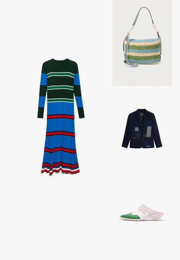 Marineblazer med to knapper, med blå og stribet patchwork-detaljer på fronten og to forlommer.; Strikkjole med lange ærmer, rund halsudskæring og lodrette striber i dyb grøn, blå og rød, med horisontale accenter i hvid.; Slip-on mule sko med spids grøn tå, hvid overdel med pink bølget overlay og lav skrå hæl på hvid baggrund.; Rektangulær vævet håndtaske med vandrette striber i blå, grøn og beige, der har en kort skulderrem og en længere justerbar rem.