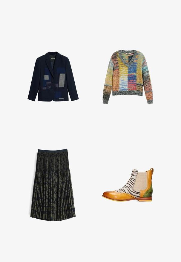 Marineblazer met twee knopen, met blauw en gestreepte patchworkdetails aan de voorkant en twee voorzakken.; Kleurrijke gebreide trui met V-hals en lange mouwen, met een patchworkpatroon in gele, blauwe, rode en grijze tinten.; Plissé rok in donkergroen met zwart luipaardpatroon. Elastische tailleband, lichtgewicht stof en vloeiende stijl. Uitlopende silhouet.; Leren en stoffen enkellaars met zebraprint, gele en groene lederaccenten, elastisch zijpaneel en brogue-details.
