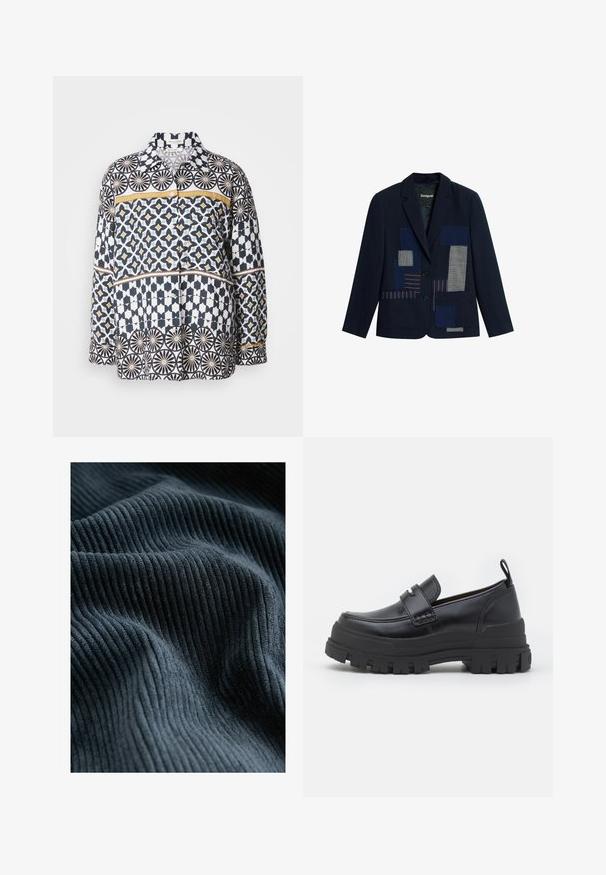 Marineblazer med to knapper, med blå og stribet patchwork-detaljer på fronten og to forlommer.; Langærmet skjorte i bomuld med et geometrisk mønster i navy, hvid og gul. Har krave og knaplukning foran.; Mørkeblå ribbede stoffer viser lodrette linjer og en blød tekstur, dækket med bløde bølger over overfladen.; Sort læderloafer med tyk rillede sål, mok tå syning, remdetalje over toppen og trækstrop på hælen, vist i sideprofil.