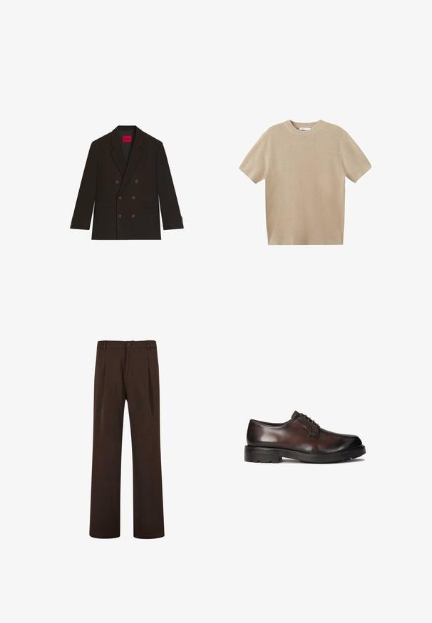 Mørkebrun dobbeltradet blazer med spidse klapper, prydet med en bold rød "HUGO" etikette og to knapper foran.; Beige kortærmet striktrøje med rund hals, ensfarvet design og ribstrikket krave, ærmegab og kant.; Brune bukser med lige ben-design, der har knaplukning og folder, lavet af glat stof. Ingen synlige lommer eller mønstre.; Brune lædersko til mænd med en glat finish, rund tå og snørebånd. Har en robust sort gummisål med godt greb.
