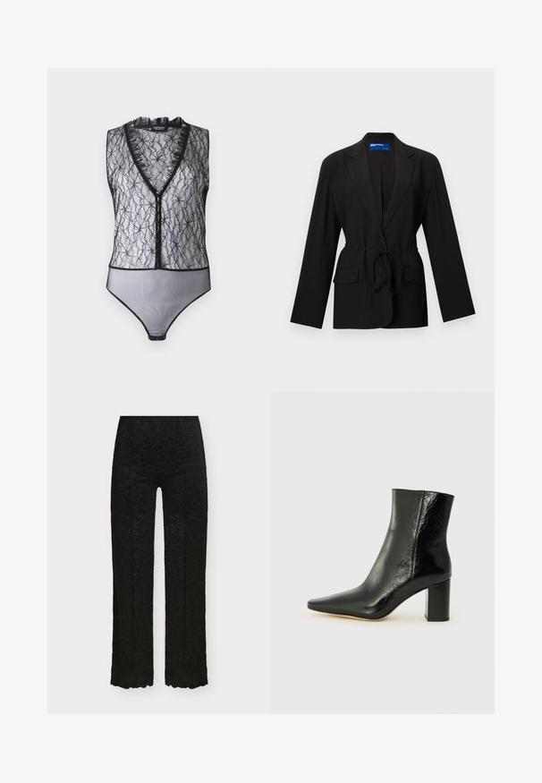 Sort langærmet blazer med hakkede revers, to forlommer med klap og bælte i taljen på hvid baggrund.; Hofmann Copenhagen EXCLUSIVE MARY - Top - black; Sorte bukser med høj talje og lige ben med blomstret blondeoverflade og bølget kant på hvid baggrund.; Sorte ankelstøvler lavet af blank læder med spidse tæer og en kraftig, kvadratisk hæl. Har en glat overflade og minimalistisk design.