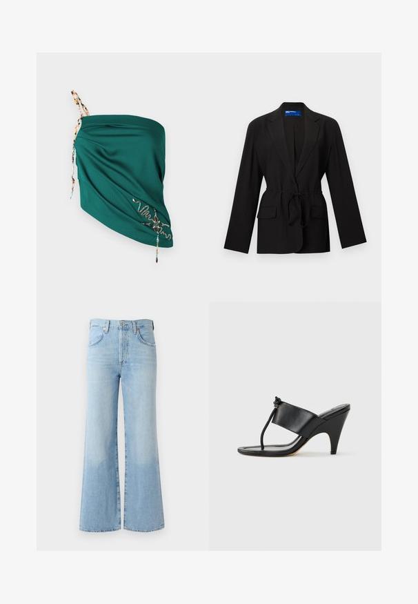 Musta pitkähihaisen bleiserin, jossa on lovetut kaulukset, kaksi etutaskua läpällä ja vyötärölle solmittava vyö, valkoisella taustalla.; Teal drape-top, jossa on teksturoitua kangasta, säädettävät helmetolkkihihnat ja kontrastiväreillä brodeerattua yksityiskohtaa helman ympärillä.; Vaaleansiniset farkut, joissa on leveä lahje ja korkea vyötärö, viisi taskua ja hillitty haalistuminen helmassa. Varustettu normaali vyötärönauhalla ja nappi kiinnityksellä.; Musta korkokengän sandaali leveällä etuosan remmillä ja varpaan lenkillä, jossa on solmittu narudetaili, esitetty sivuprofiilista valkoisella taustalla.