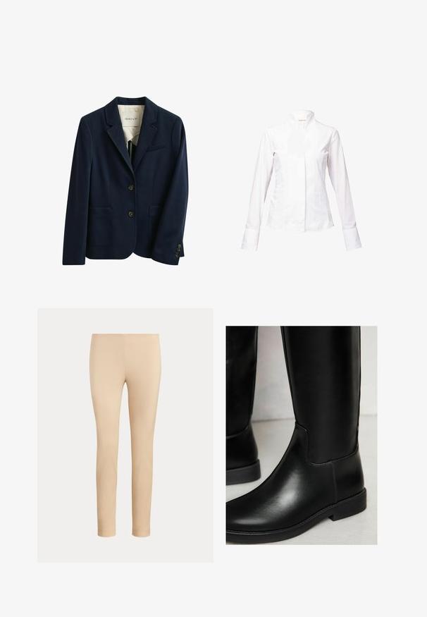 Marineblauer maßgeschneiderter Blazer mit zwei vorderen Knöpfen, zwei aufgesetzten Taschen unten, einer Brusttasche mit Paspelierung und Revers mit Kerbe.; Langärmlige weiße Bluse aus Baumwolle. Sie hat einen Stehkragen, eine durchgehende Knopfleiste und Bündchen mit einer glatten, polierten Textur.; Beige, figurbetonte, knöchellange Hose mit glatter Oberfläche und ohne sichtbare Taschen oder Verzierungen auf einfarbigem Hintergrund.; Schwarze Leder-Stiefel bis zum Knie mit glatter Textur, runder Spitze, minimaler Naht und niedrigem Blockabsatz. Sie haben ein schlankes, eng anliegendes Design.