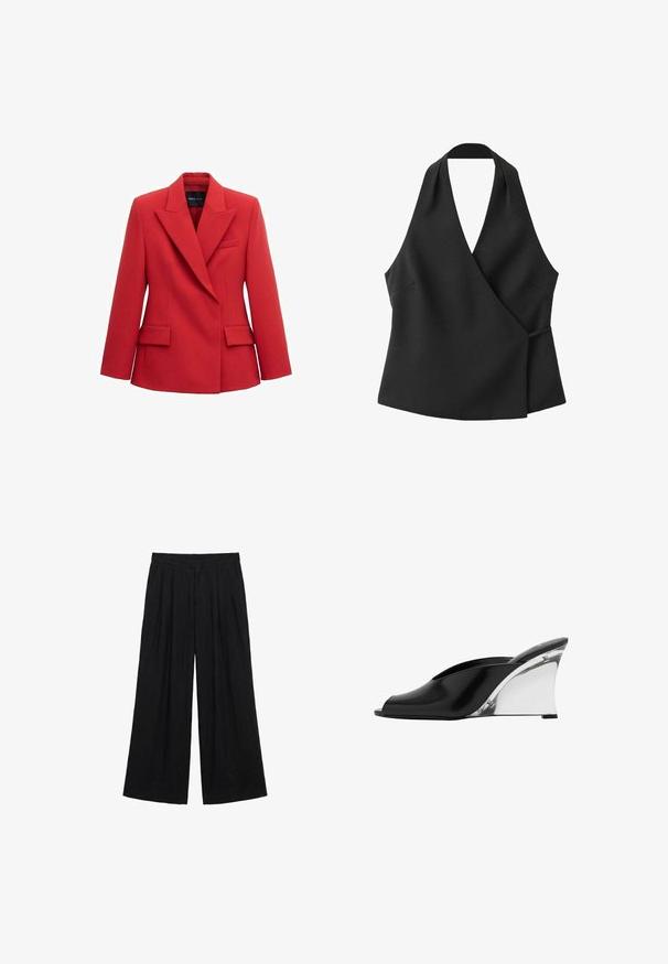 Veste pour femme rouge sur mesure avec larges revers, deux poches à rabat et une poche poitrine passepoilée, devant sans boutons, de MNG Selection.; Haut cache-cœur noir sans manches avec encolure halter et détail noué sur le côté sur fond blanc.; Pantalon noir à jambes larges, taille haute, plis à l'avant et fermeture avant dissimulée.; Mule noire à bout ouvert avec un talon compensé argenté brillant, style à enfiler et tige en cuir lisse.