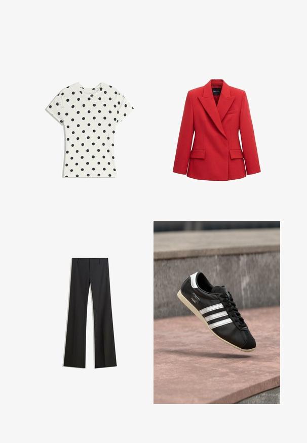 Veste pour femme rouge sur mesure avec larges revers, deux poches à rabat et une poche poitrine passepoilée, devant sans boutons, de MNG Selection.; T-shirt blanc à manches courtes avec des pois noirs répartis uniformément sur le tissu, présenté à plat sur un fond blanc.; Pantalon noir évasé avec une texture lisse, doté d'une coupe ajustée et d'une taille cintrée. Aucun motif ou ornement visible.; Baskets en cuir noir avec des rayures blanches et une semelle blanche, lacées, flottant au-dessus d'une surface en béton rosée avec un mur en pierre grise en arrière-plan.