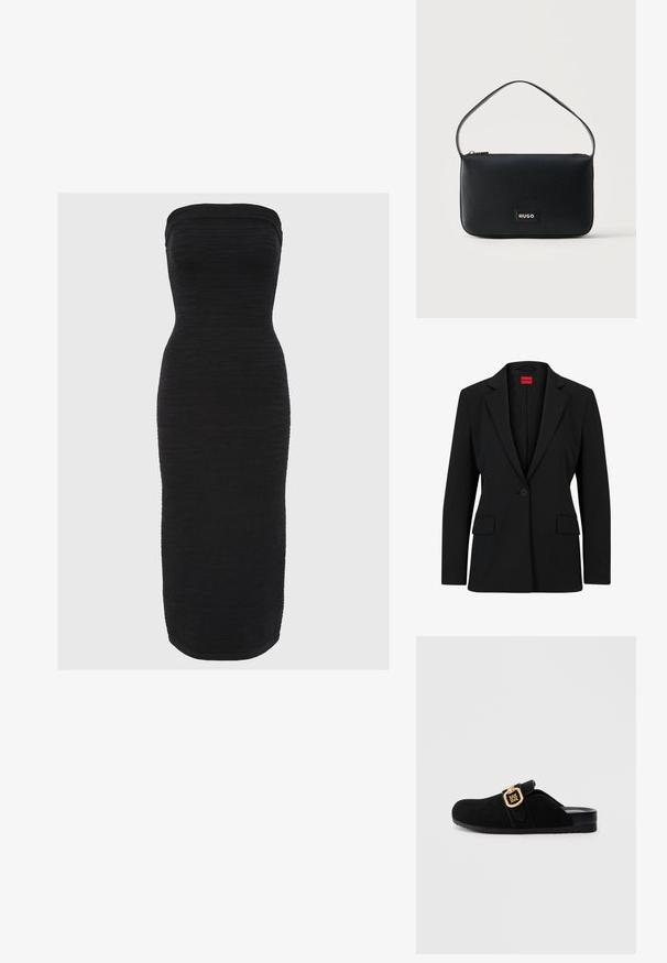 Sort blazer med slag og enkelt knaplukning. Har to forlommer og en glat foring med et subtilt mønster.; Sort stram midi-kjole uden stropper med en tætsiddende silhuet, struktureret stof med vandrette ribber og en lige kant.; Sort ruskind mule med rundet tå, med en guldfarvet dekorativ spænde, tekstureret sidepanel og en holdbar sort ydersål.; Sort rektangulær skuldertaske i læder med en lille guld "HUGO" logo-patch og en enkelt tynd rem.