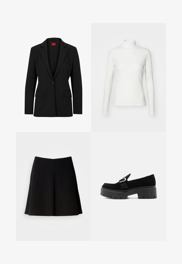 Blazer noir avec un col cranté et une fermeture à un bouton. Dispose de deux poches avant et d'une doublure lisse avec un motif subtile.; Haut col roulé blanc à côtes avec des manches longues, fabriqué en tissu extensible. Présente un design ajusté et un encolure haute pour plus de couverture.; Jupe noire évasée en tissu doux, avec une taille ajustée et des coutures décoratives. Texture lisse avec un design simple et classique.; Mocassin en daim noir avec semelle à crampons épaisse, détail boucle argentée et inscription "HUGO" en relief sur la lanière latérale, vu de côté extérieur.