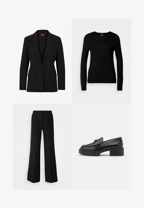 Blazer negro con solapa muesca y cierre de un solo botón. Presenta dos bolsillos frontales y un forro suave con un patrón sutil.; Suéter negro confeccionado en un material de punto fino, con cuello redondo y mangas largas con puños ajustados. Sin patrones ni adornos visibles.; Pantalones negros de tejido suave, con cintura alta, silueta de pierna ancha y dos pliegues frontales para añadir detalle de diseño.; Mocasín de cuero negro con tacón bajo, punta redondeada, correa decorativa y detalle de costura texturizada en la parte superior. Acabado suave.