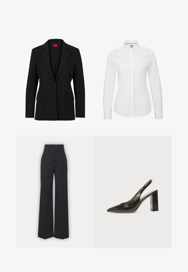 Blazer noir avec un col cranté et une fermeture à un bouton. Dispose de deux poches avant et d'une doublure lisse avec un motif subtile.; Chemise blanche à manches longues, en coton crisp, avec un col classique, une patte de boutonnage à l'avant et une coupe ajustée. Texture lisse, sans motifs.; Pantalons à jambes larges en tissu noir avec une taille haute, présentant une finition soignée et une texture lisse. Pas de matériel ou de motifs visibles.; Chaussure slingback en cuir noir à bout pointu avec un talon bloc haut et une doublure intérieure beige sur un fond clair uni.