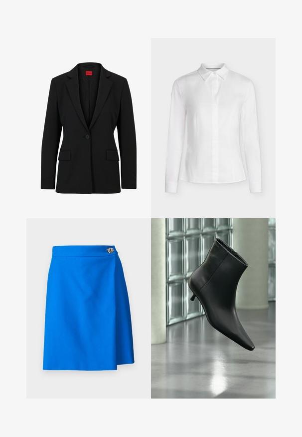 Sort blazer med slag og enkelt knaplukning. Har to forlommer og en glat foring med et subtilt mønster.; Hvid tætsiddende bluse med lange ærmer, spids krave, knappet foran og skræddersyede sømme, vist på en ensfarvet baggrund.; Blå omslagskjorte med en glat tekstur, prydet med en sølvknapaccent ved taljen, skåret i A-linjeform for et tætsiddende look.; Sort læderankelstøvle med spids tå og lav kitten-hæ, vist vinklet mod en poleret gulv- og glasblokvæg.