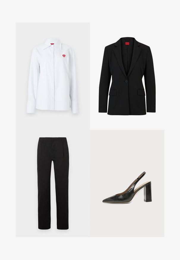 Blazer noir avec un col cranté et une fermeture à un bouton. Dispose de deux poches avant et d'une doublure lisse avec un motif subtile.; Chemise à rayures boutonnée en coton bleu clair, avec un col classique et un petit logo en forme de cœur rouge sur la poitrine. Manches longues avec poignets.; Pantalon noir à jambes droites, doté d'une texture lisse, de plis à l'avant et d'une ceinture standard. Aucun motif ou accent notable.; Chaussure slingback en cuir noir à bout pointu avec un talon bloc haut et une doublure intérieure beige sur un fond clair uni.