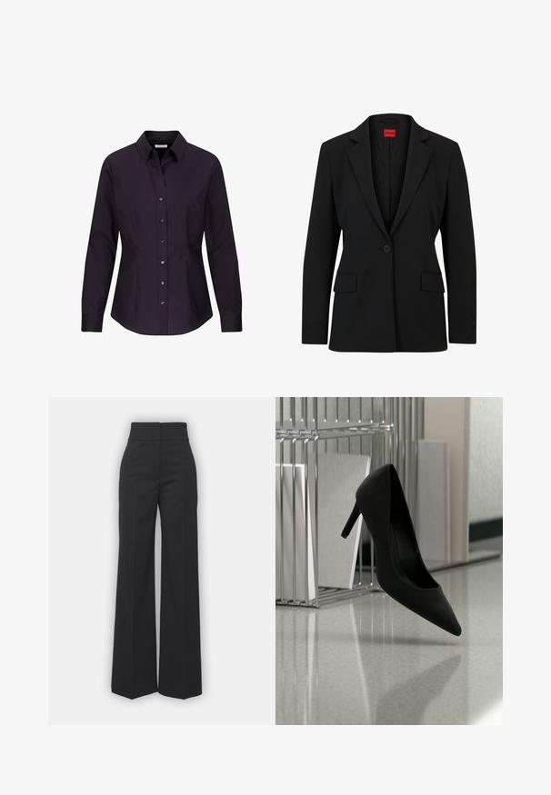 Sort blazer med slag og enkelt knaplukning. Har to forlommer og en glat foring med et subtilt mønster.; Sort, langærmet, figursyet dame skjorte med knapper, krave og sømdetaljer på siderne, vist på hvid baggrund.; Bredbenede bukser i sort stof med høj talje, der har en ren finish og glat tekstur. Ingen synlige detaljer eller mønstre.; Sort højhælet sko balancerende på hælen på en reflekterende bordplade nær metalfilholder med hvide mapper.