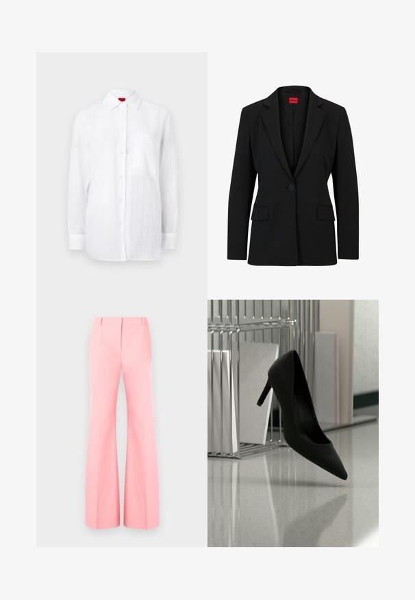Zwarte blazer met een gesneden revers en een enkele knoopsluiting. Beschikt over twee voorkruiszakken en een gladde voering met een subtiel patroon.; Witte longsleeve shirt gemaakt van lichte stof, met een knoopsluiting aan de voorkant, kraag en een zak op de linkerkant van de borst. Subtiele textuurafwerking.; Roze wijde broek met een op maat gemaakte uitstraling, met een vlakke voorkant en keurig gestreken plooien. Glad stof en hoge taille.; Zwarte high-heeled schoen in balans op de hiel op een reflecterende aanrecht bij metalen ordnerhouders met witte mappen.