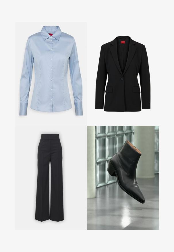 Zwarte blazer met een gesneden revers en een enkele knoopsluiting. Beschikt over twee voorkruiszakken en een gladde voering met een subtiel patroon.; Lichtblauw button-up shirt van gladde stof, met een klassieke kraag, lange mouwen en een rechte pasvorm met subtiele stikseldetails.; Wijdvallende broek in zwarte stof met een hoge tailleband, met een schone afwerking en een gladde textuur. Geen zichtbare hardware of patronen.; Zwarte leren enkellaars met een spitse neus en blokhak die zweeft boven een reflecterende grijze vloer nabij een glazen blokmuur.