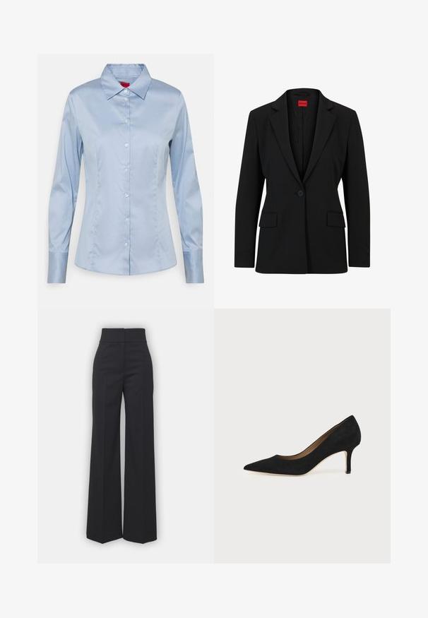 Zwarte blazer met een gesneden revers en een enkele knoopsluiting. Beschikt over twee voorkruiszakken en een gladde voering met een subtiel patroon.; Lichtblauw button-up shirt van gladde stof, met een klassieke kraag, lange mouwen en een rechte pasvorm met subtiele stikseldetails.; Wijdvallende broek in zwarte stof met een hoge tailleband, met een schone afwerking en een gladde textuur. Geen zichtbare hardware of patronen.; Zwarte suède pumps met spitse neus, een slanke middenhoge naaldhak en een laag uitgesneden ontwerp op een effen achtergrond.