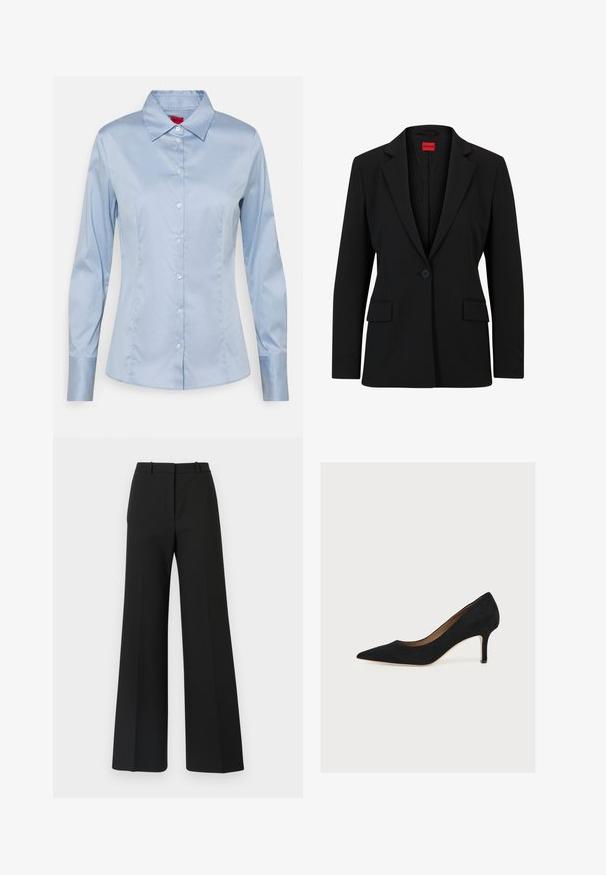 Zwarte blazer met een gesneden revers en een enkele knoopsluiting. Beschikt over twee voorkruiszakken en een gladde voering met een subtiel patroon.; Lichtblauw button-up shirt van gladde stof, met een klassieke kraag, lange mouwen en een rechte pasvorm met subtiele stikseldetails.; Zwarte wijde broek met een op maat gemaakt ontwerp, kenmerkend door een soepele textuur en subtiele plooien aan de voorkant. Geen zichtbare hardware of patronen.; Zwarte suède pump met puntige neus, middenhoge naaldhak en tan binnenzool op een lichte achtergrond.