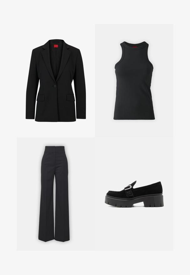 Blazer noir avec un col cranté et une fermeture à un bouton. Dispose de deux poches avant et d'une doublure lisse avec un motif subtile.; Débardeur sans manches noir en tissu extensible. Présente un col rond et une silhouette ajustée avec des détails de couture minimaux.; Pantalons à jambes larges en tissu noir avec une taille haute, présentant une finition soignée et une texture lisse. Pas de matériel ou de motifs visibles.; Mocassin en daim noir avec semelle à crampons épaisse, détail boucle argentée et inscription "HUGO" en relief sur la lanière latérale, vu de côté extérieur.