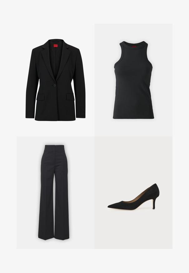 Blazer noir avec un col cranté et une fermeture à un bouton. Dispose de deux poches avant et d'une doublure lisse avec un motif subtile.; Débardeur sans manches noir en tissu extensible. Présente un col rond et une silhouette ajustée avec des détails de couture minimaux.; Pantalons à jambes larges en tissu noir avec une taille haute, présentant une finition soignée et une texture lisse. Pas de matériel ou de motifs visibles.; Escarpin en daim noir à bout pointu avec un talon stiletto fin de hauteur moyenne et un design à coupe basse sur un fond uni.